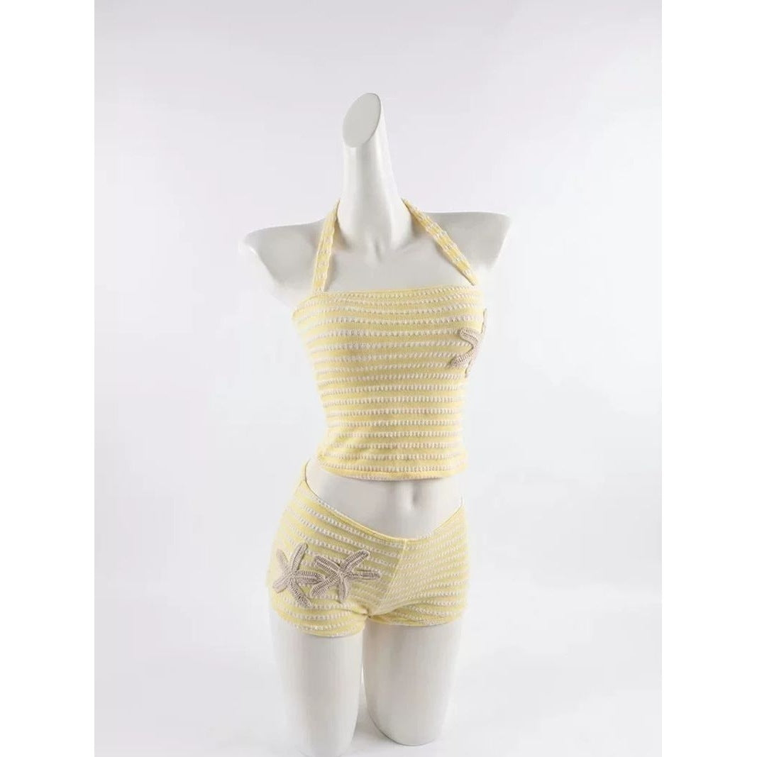 Sweet and Spicy Halter Neck Dopamine Yellow Stripe Bikini Top